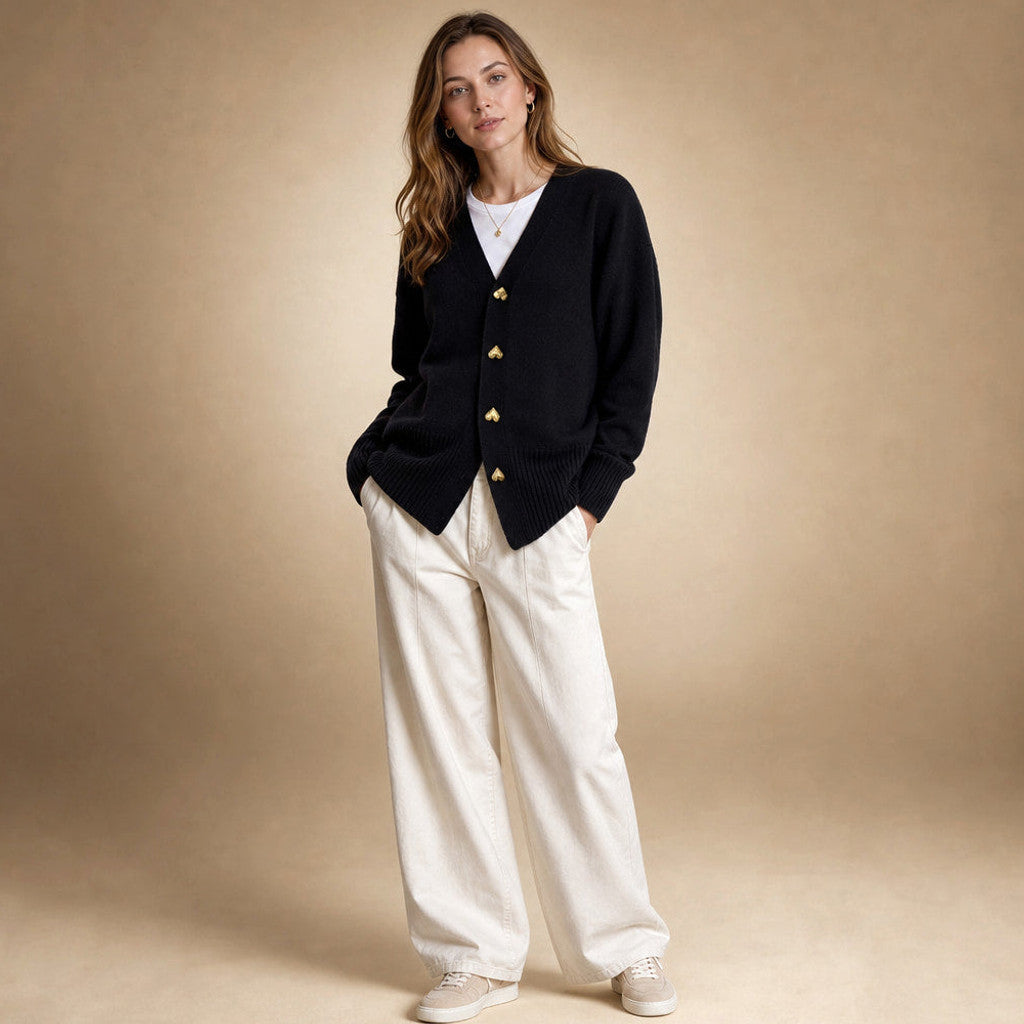 Rupertina | V-Neck Cardigan Button Front Black – Side Angle View