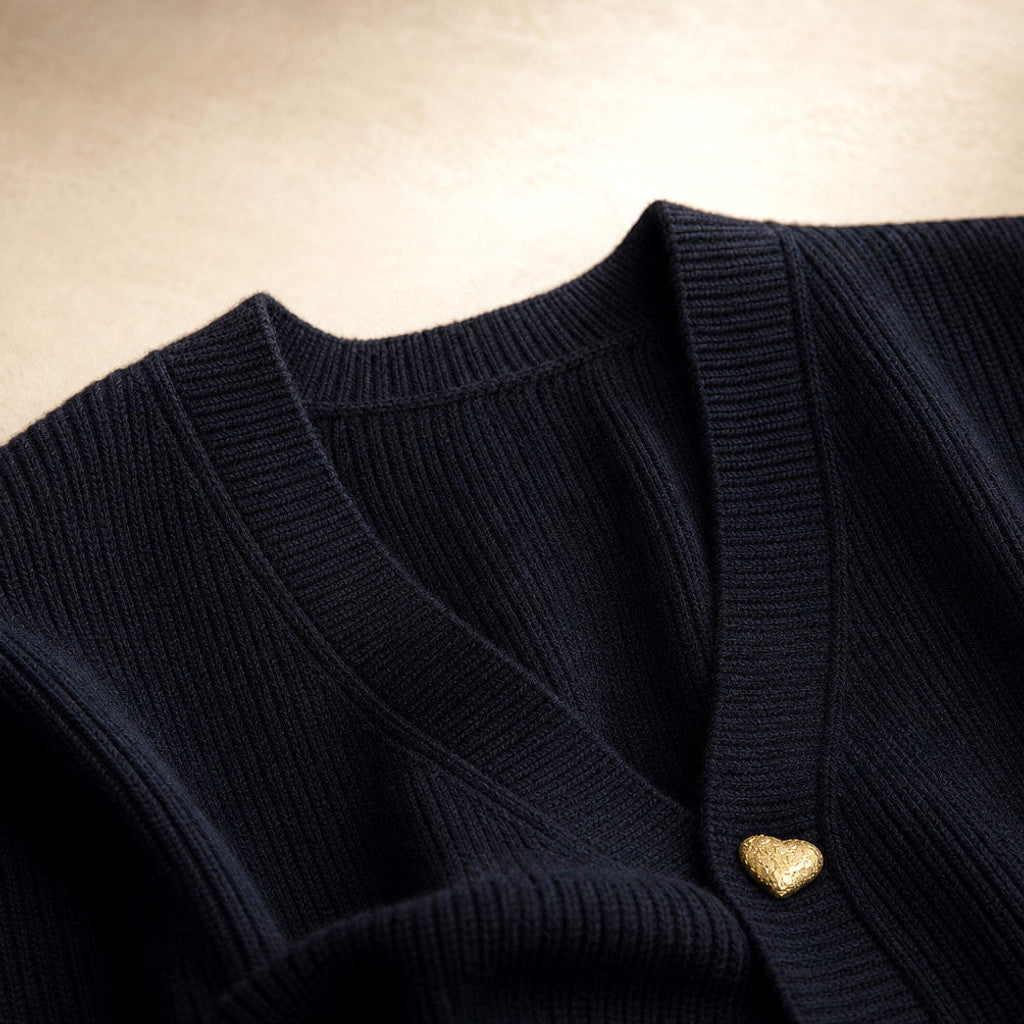 Rupertina | V-Neck Cardigan Button Front Black – Fabric and Detail Close-Up