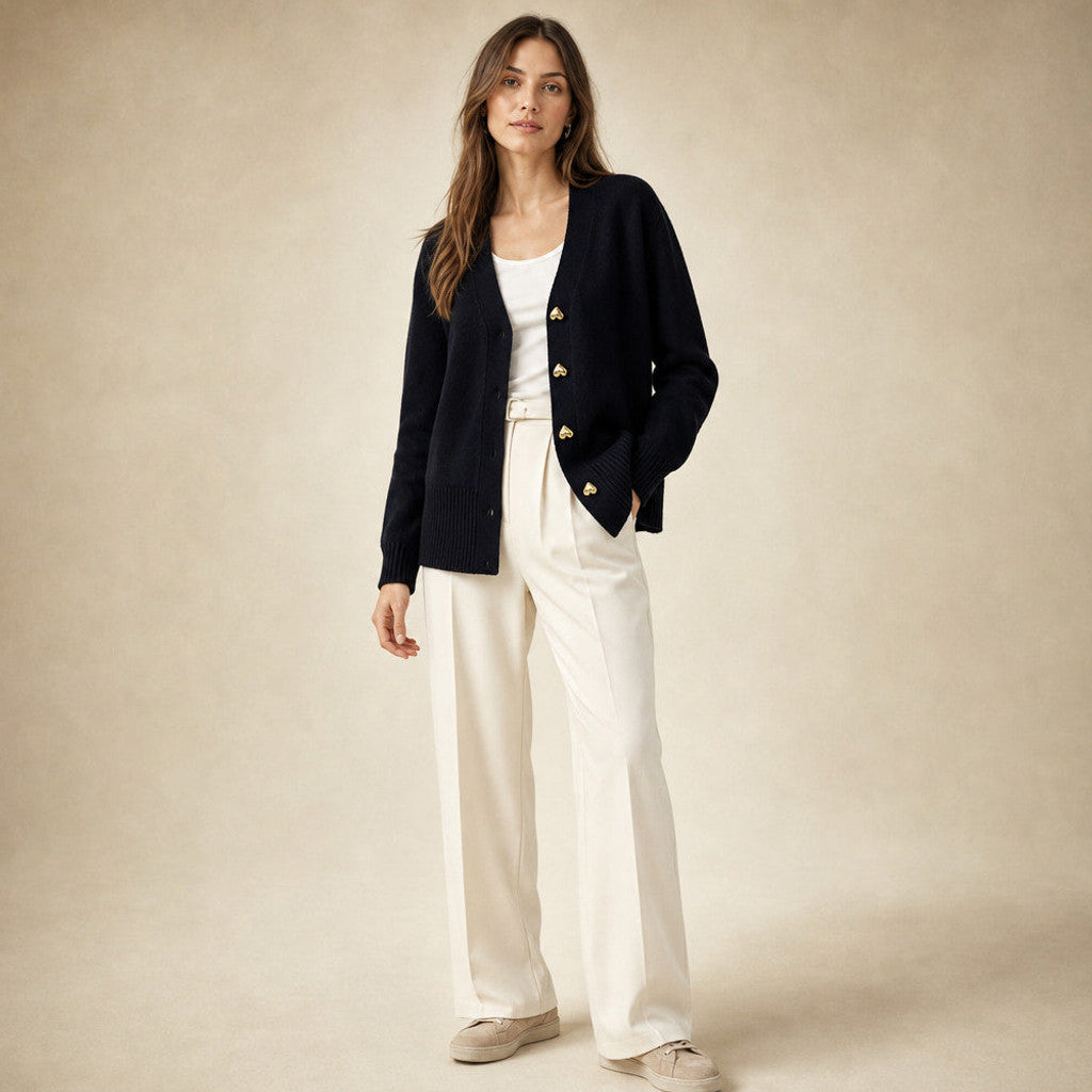 Rupertina | V-Neck Cardigan Button Front Black – Full Look
