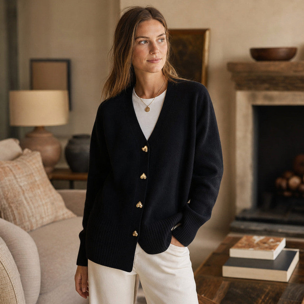 Rupertina | V-Neck Cardigan Button Front Black – Styled Editorial Shot