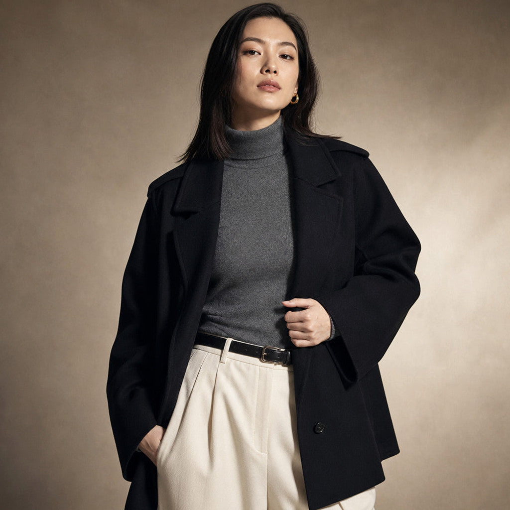 Sabina | Oversized Short Coat Dropped Shoulders Black – Product Photo