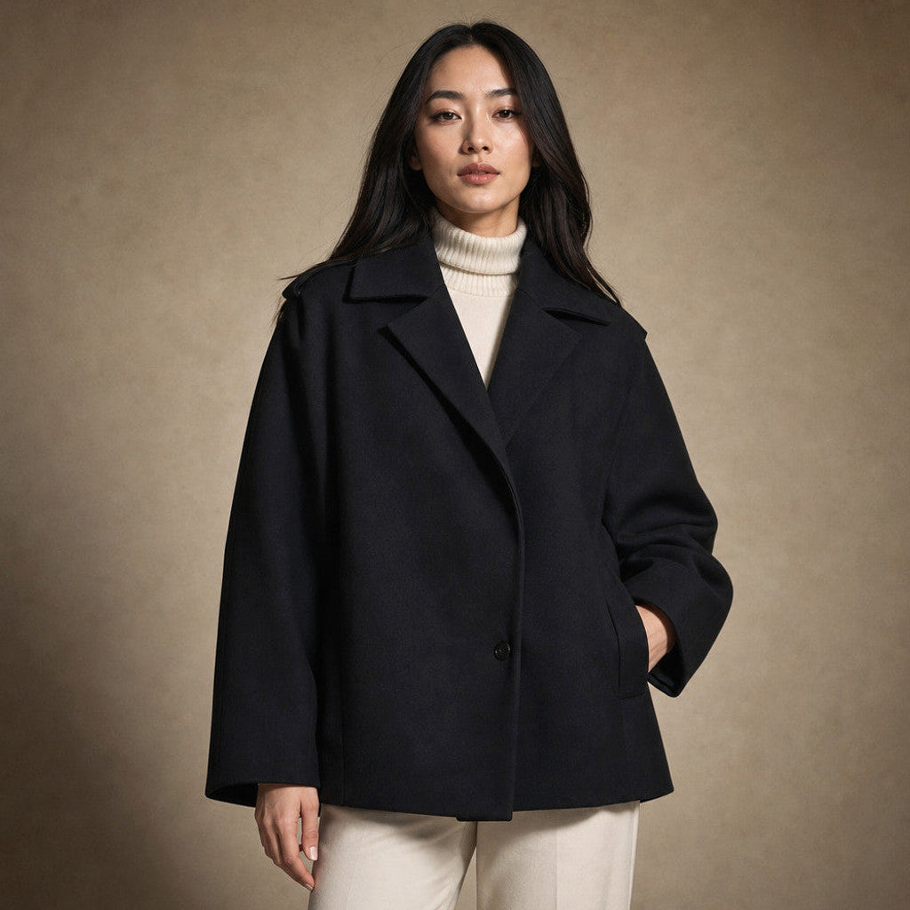 Sabina | Oversized Short Coat Dropped Shoulders in Black – Premium Editorial