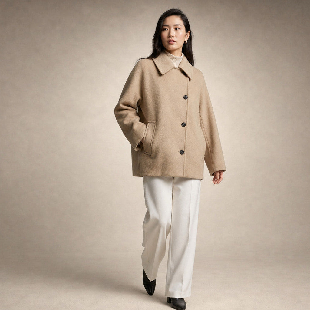 Sabina | Oversized Short Coat Dropped Shoulders Brown – Side Angle View