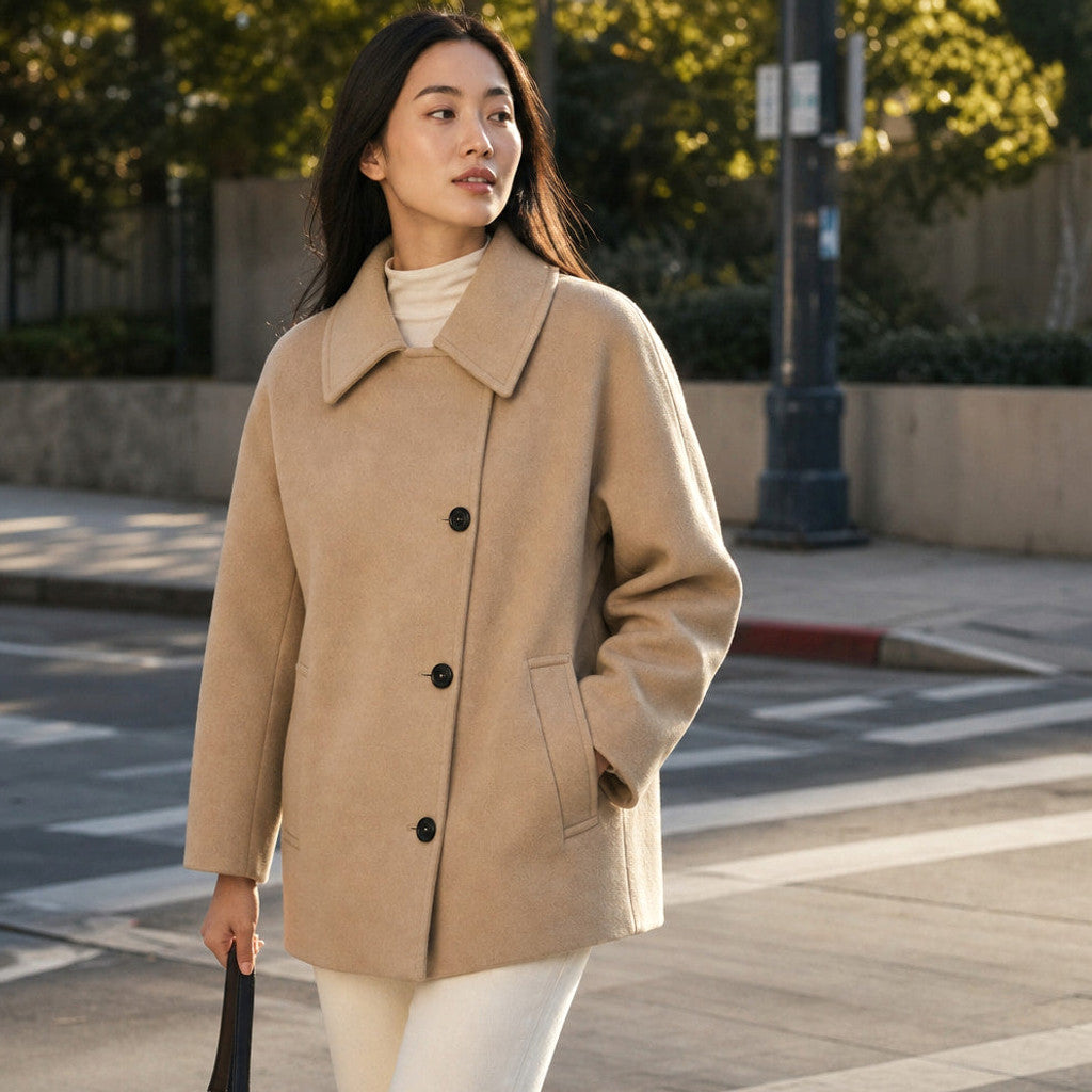 Sabina | Oversized Short Coat Dropped Shoulders Brown – Styled Editorial Shot