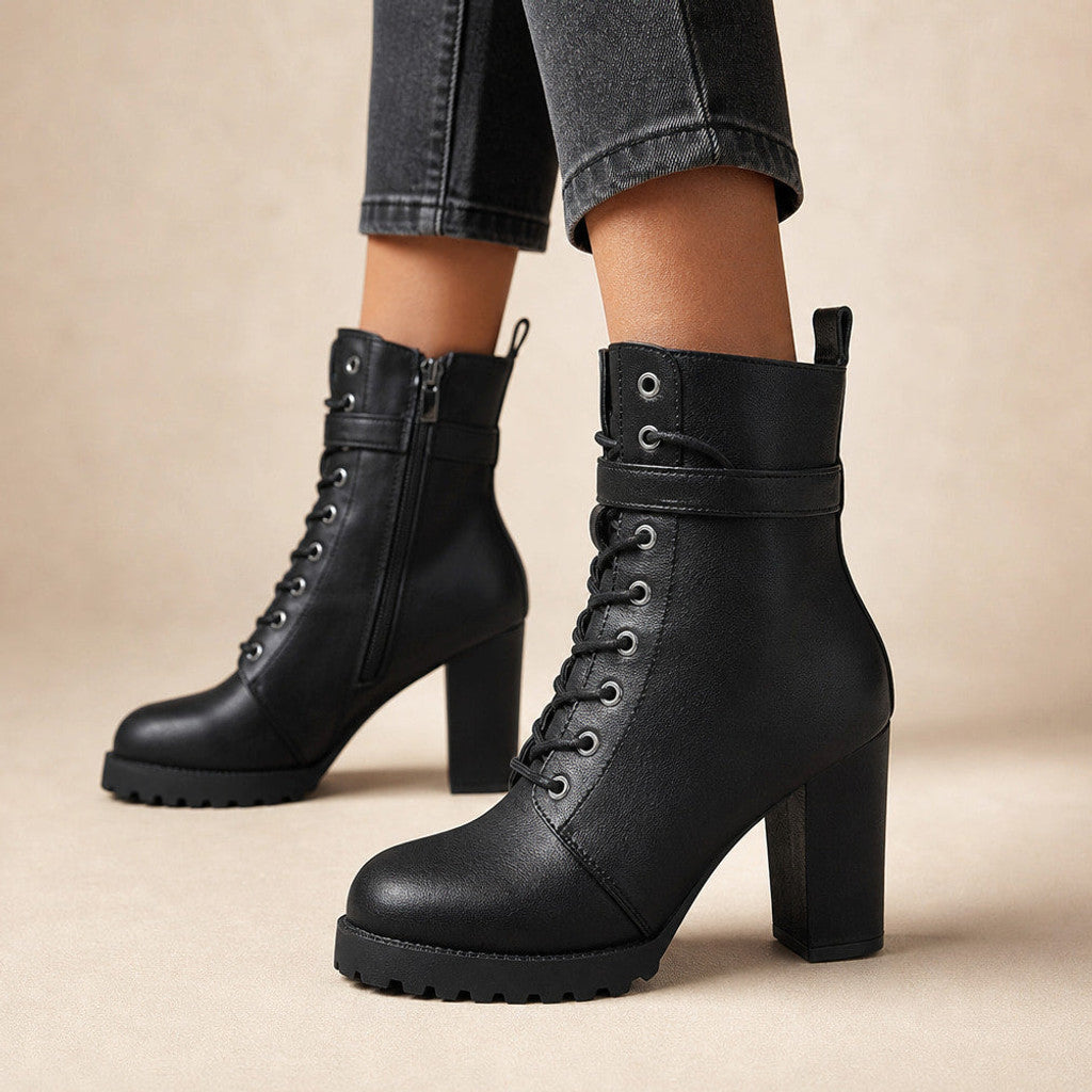 Salome | Lace-Up Combat Boots Block Heel Black – Product Photo