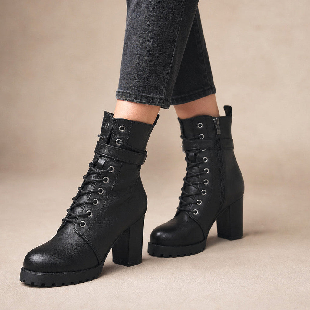Salome | Lace-Up Combat Boots Block Heel in Black – Premium Editorial