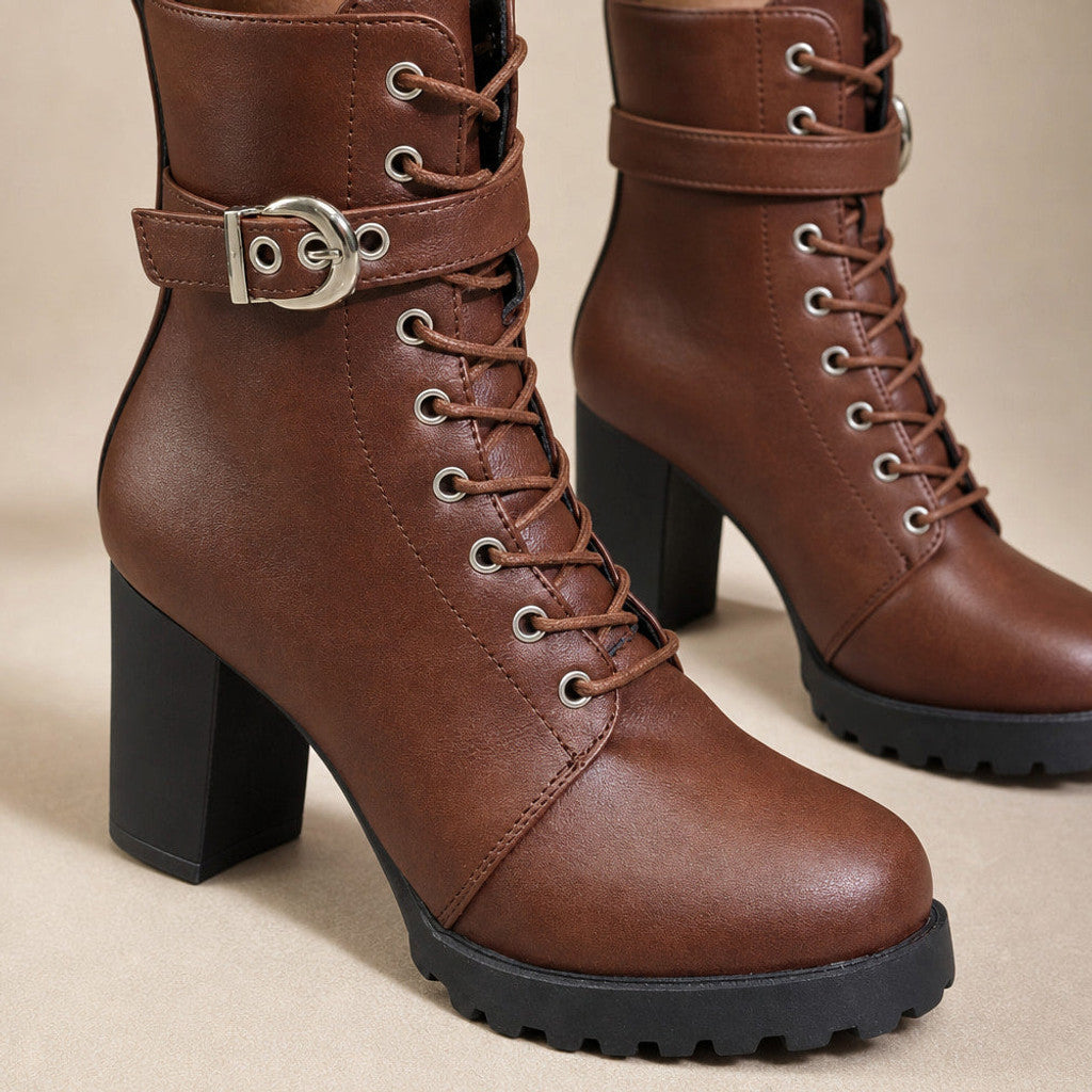 Salome | Lace-Up Combat Boots Block Heel Brown – Fabric and Detail Close-Up