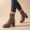 Salome | Lace-Up Combat Boots Block Heel Brown – Product Photo