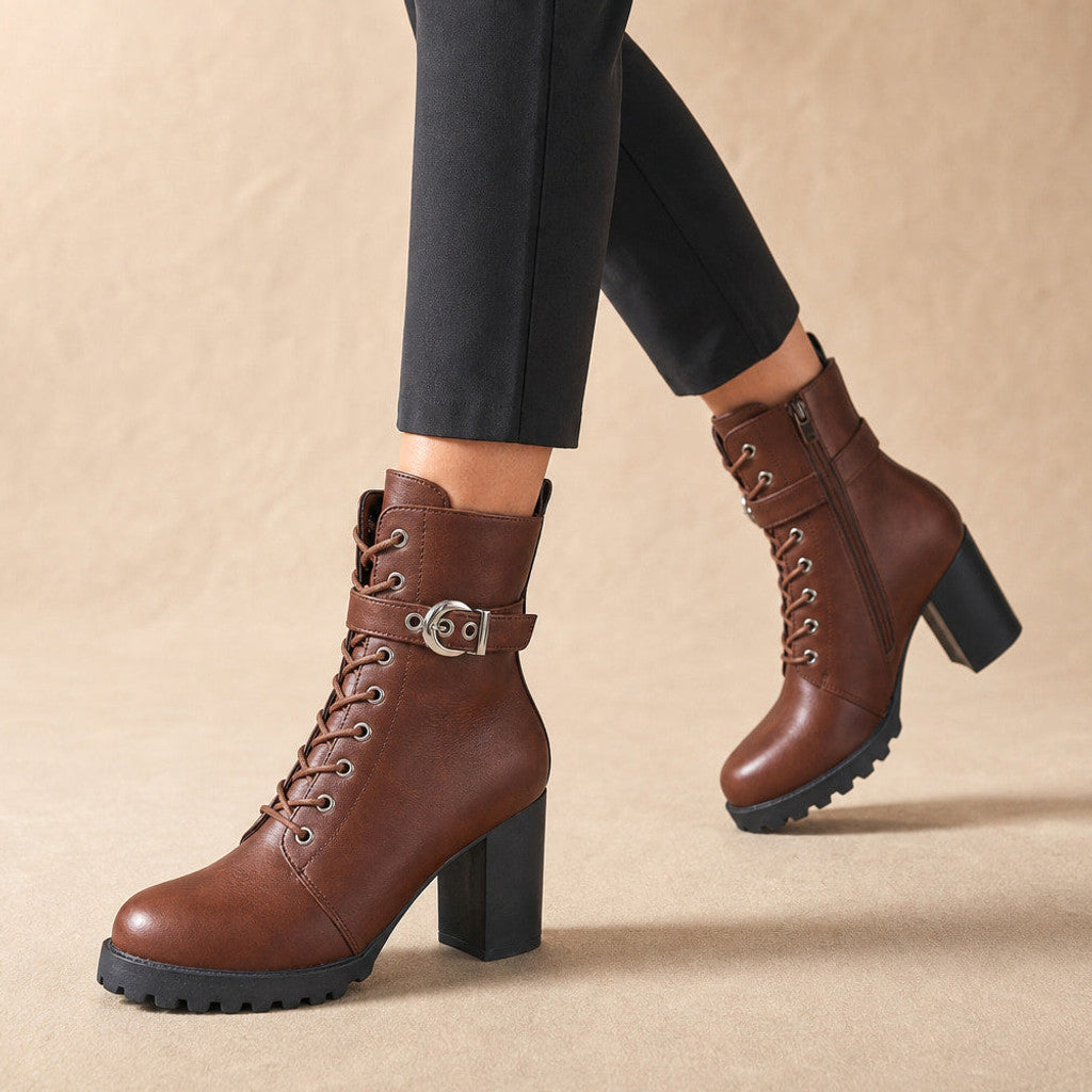 Salome | Lace-Up Combat Boots Block Heel Brown – Product Photo