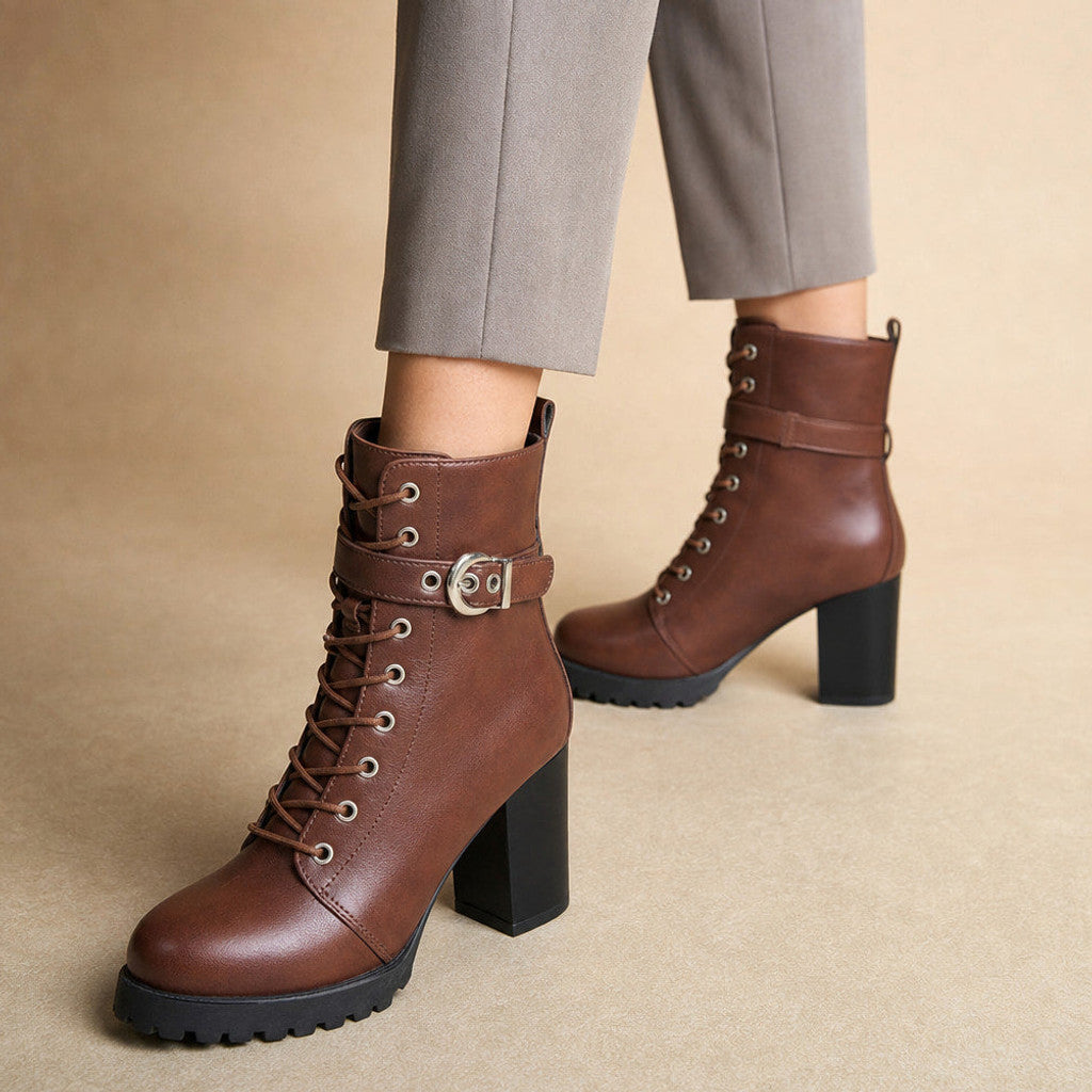 Salome | Lace-Up Combat Boots Block Heel in Brown – Premium Editorial