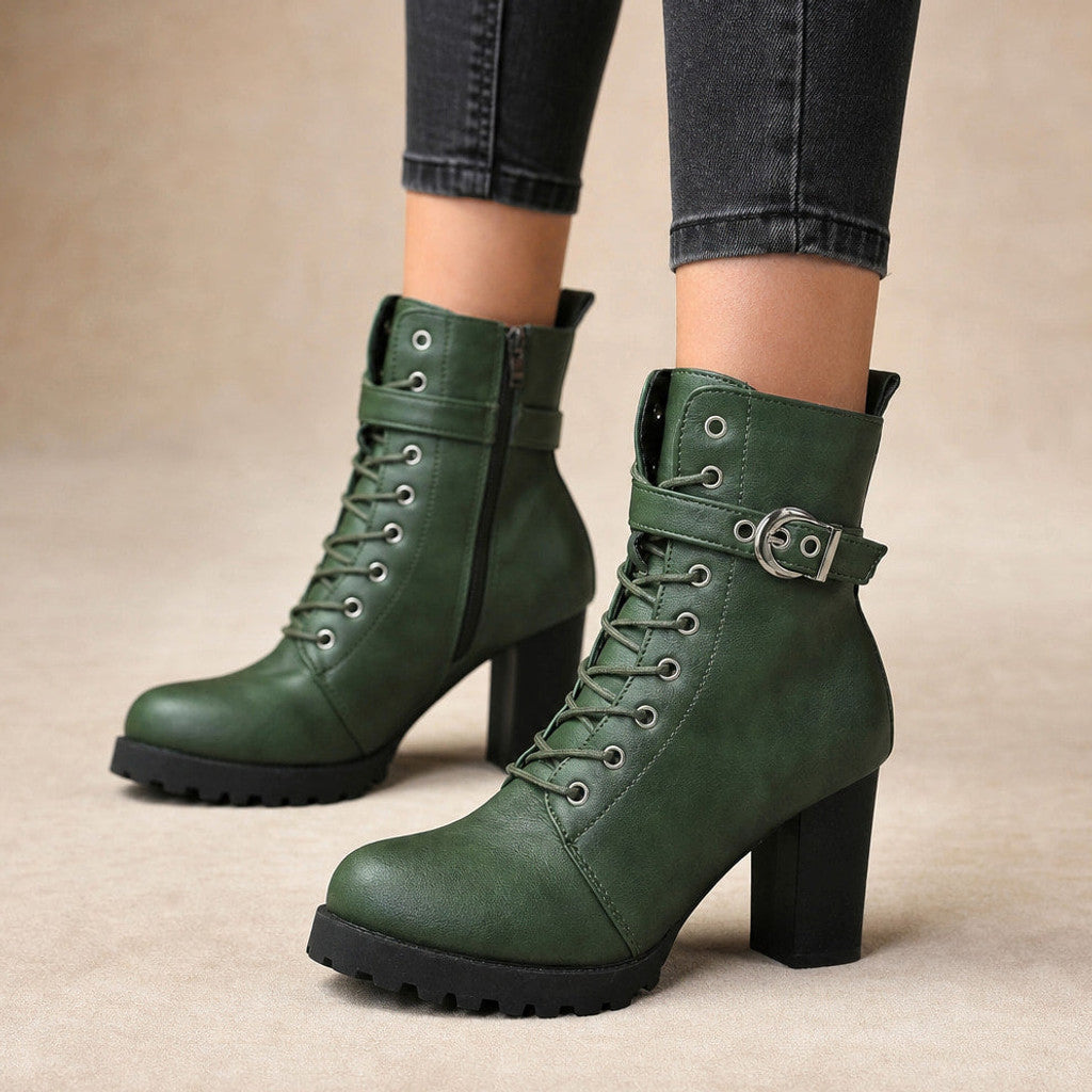 Salome | Lace-Up Combat Boots Block Heel Green – Product Photo