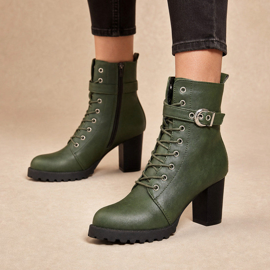 Salome | Lace-Up Combat Boots Block Heel in Green – Premium Editorial