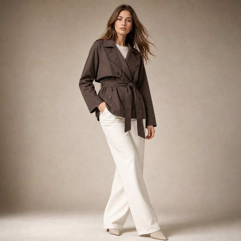 Selena | Belted Double-Breasted Trench Coat Brown Brown – Side Angle View