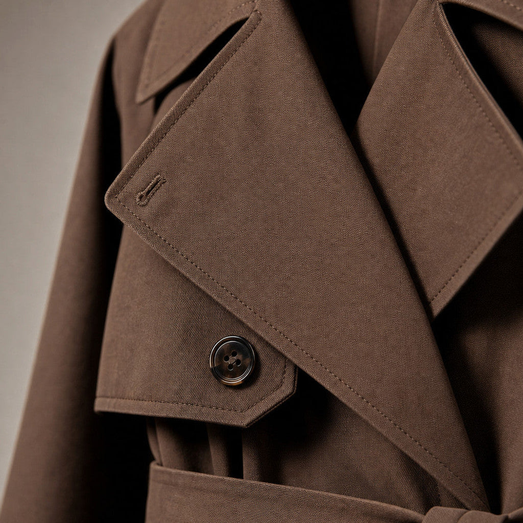 Selena | Belted Double-Breasted Trench Coat Brown Brown – Fabric and Detail Close-Up