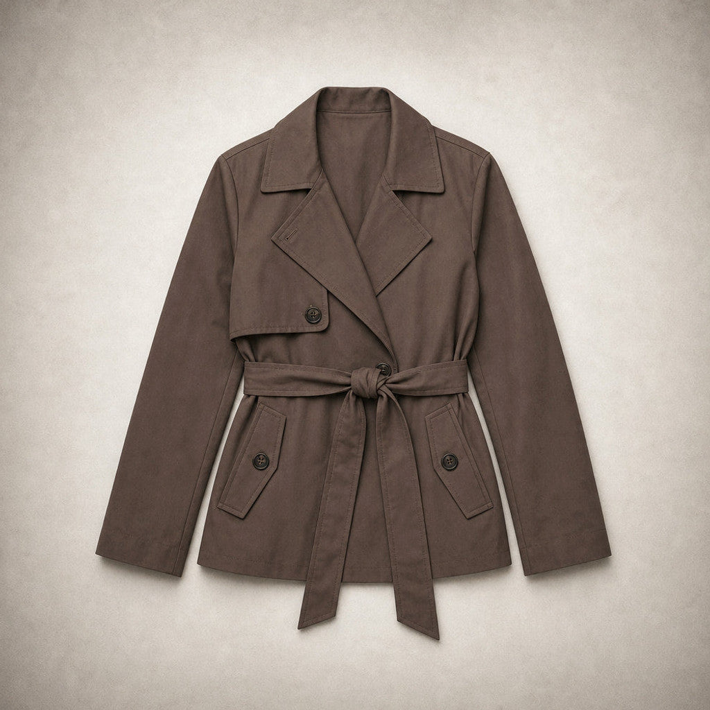 Selena | Belted Double-Breasted Trench Coat Brown Brown – Flat Lay Product Photo