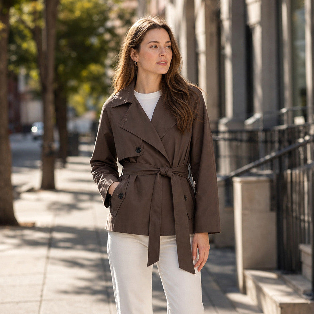 Selena | Belted Double-Breasted Trench Coat Brown Brown – Styled Editorial Shot