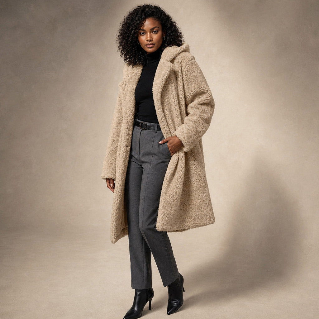 Seraphine | Long Wool Coat Teddy Texture Hooded Beige – Side Angle View