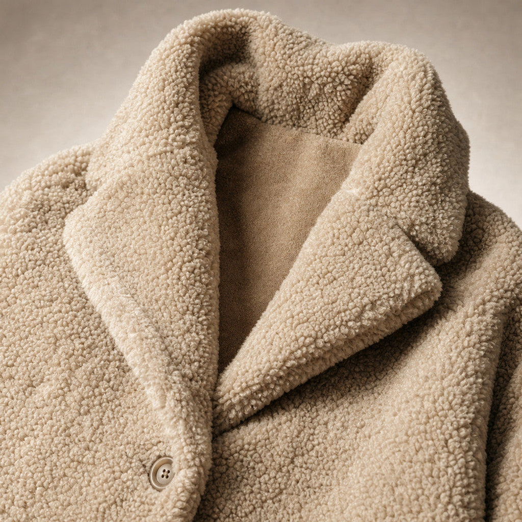 Seraphine | Long Wool Coat Teddy Texture Hooded Beige – Fabric and Detail Close-Up