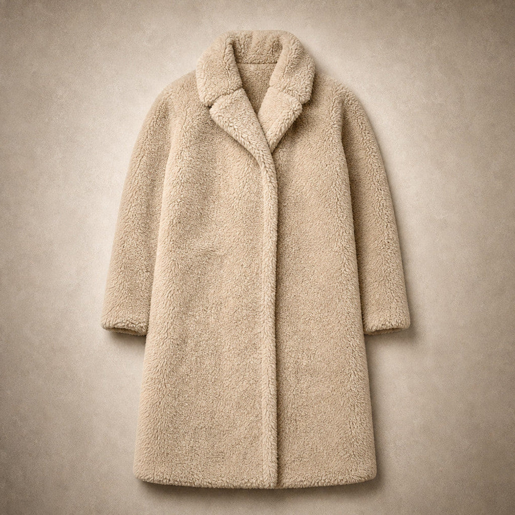 Seraphine | Long Wool Coat Teddy Texture Hooded Beige – Flat Lay Product Photo