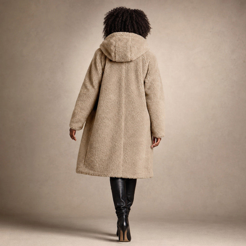 Seraphine | Long Wool Coat Teddy Texture Hooded Beige – Full Look