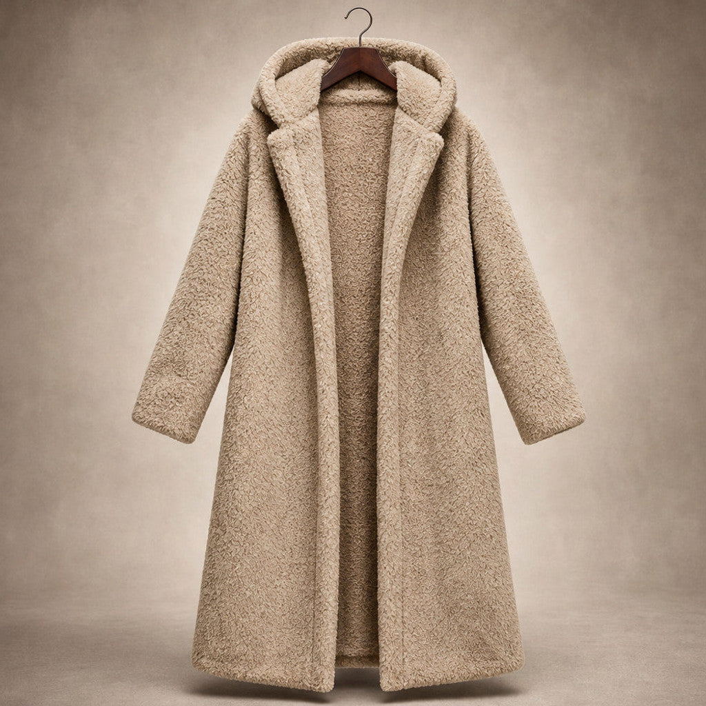 Seraphine | Long Wool Coat Teddy Texture Hooded Beige – Product Photo