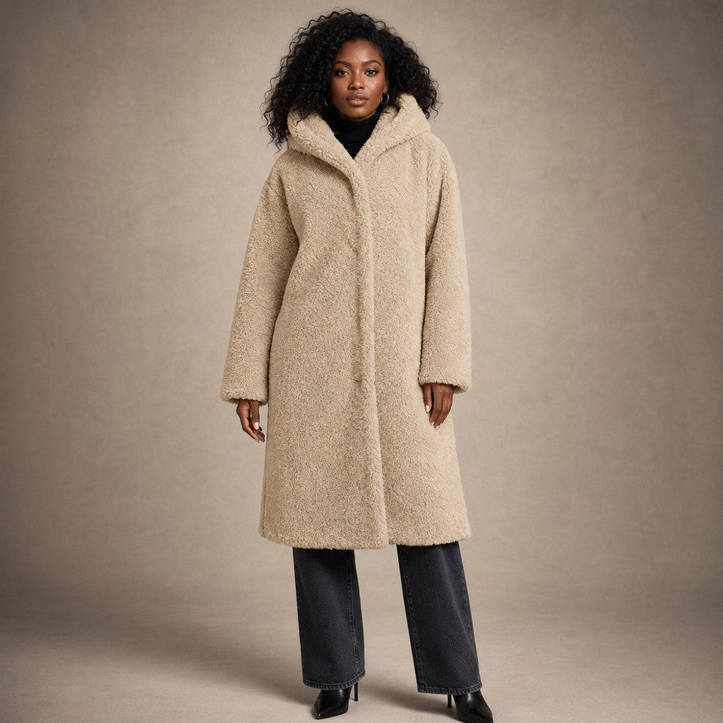 Seraphine | Long Wool Coat Teddy Texture Hooded in Beige – Premium Editorial