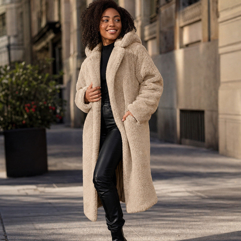 Seraphine | Long Wool Coat Teddy Texture Hooded Beige – Styled Editorial Shot