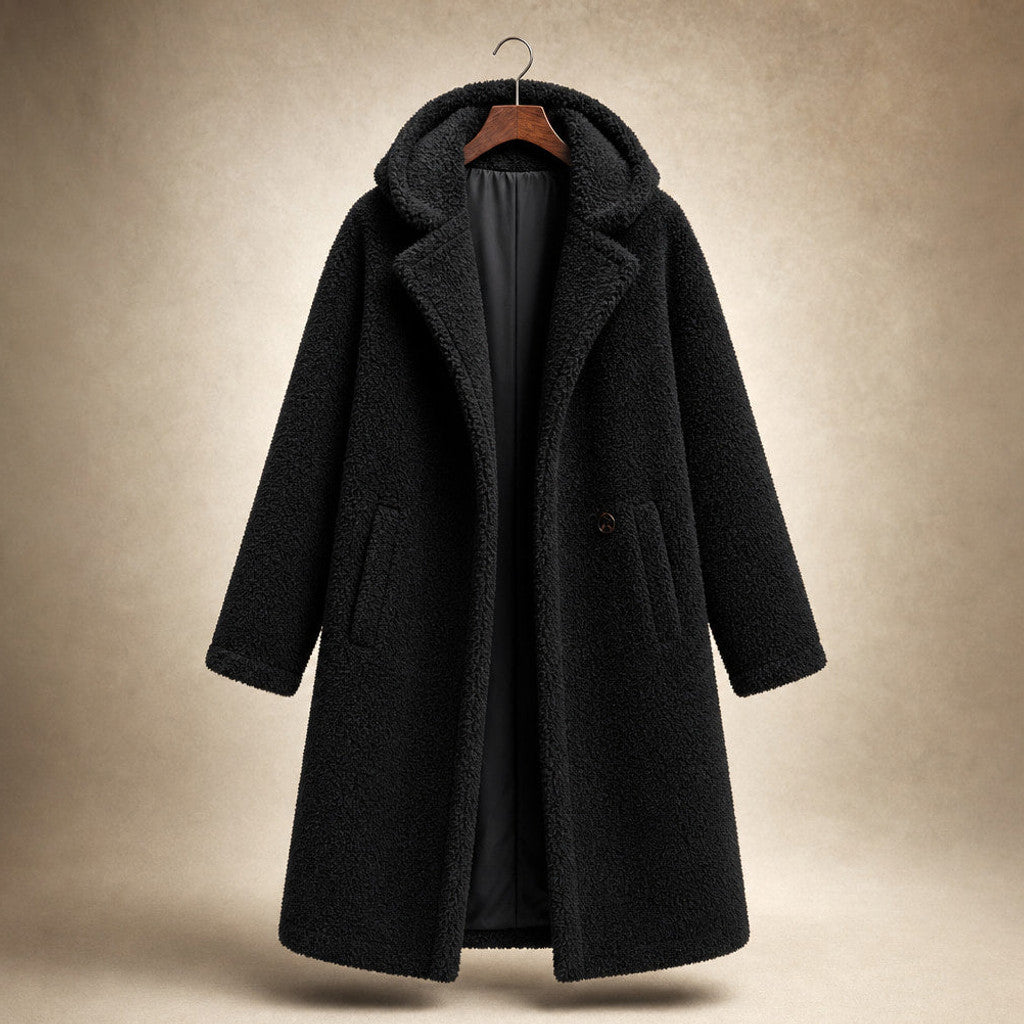 Seraphine | Long Wool Coat Teddy Texture Hooded Black – Product Photo