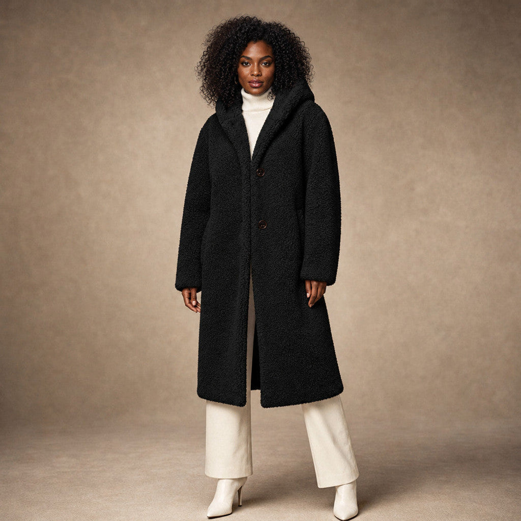 Seraphine | Long Wool Coat Teddy Texture Hooded in Black – Premium Editorial
