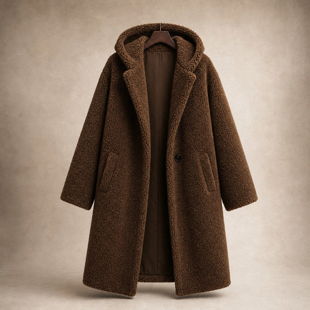 Seraphine | Long Wool Coat Teddy Texture Hooded Brown – Product Photo