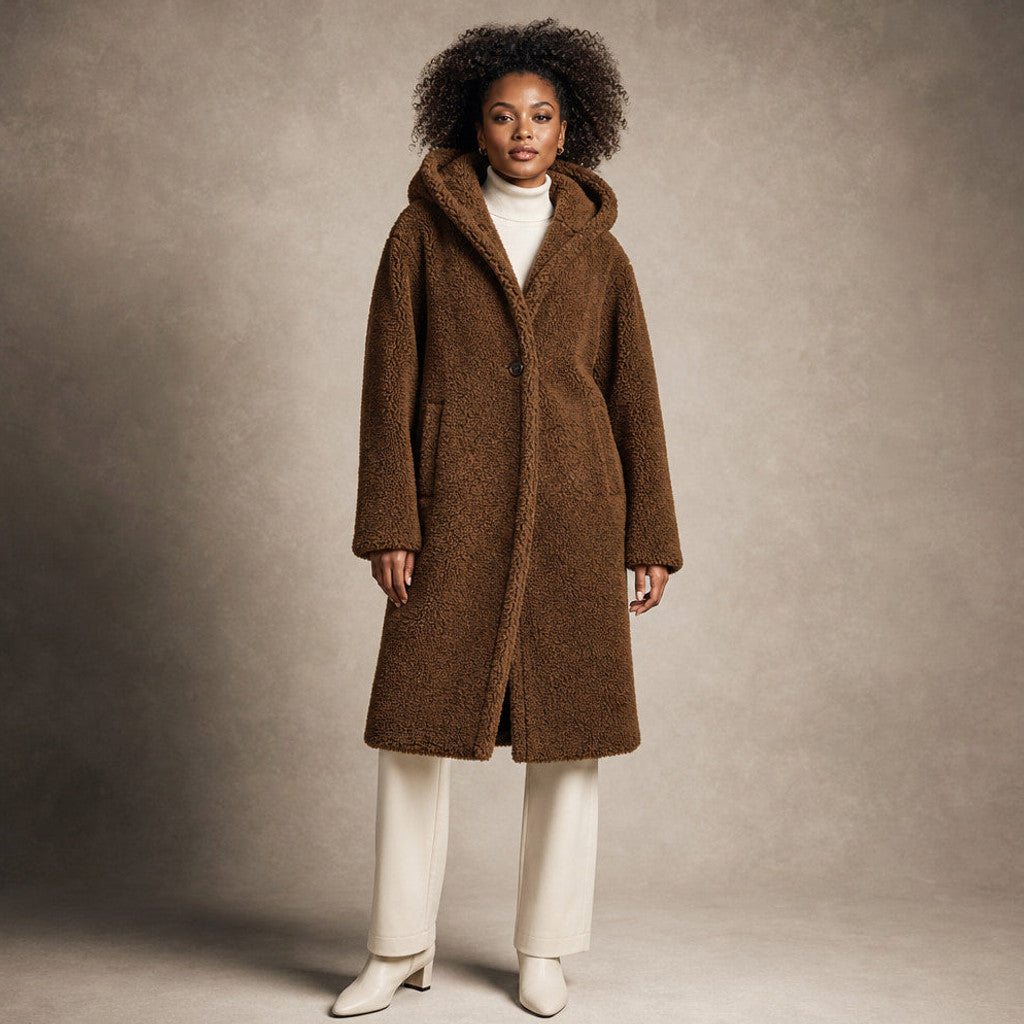 Seraphine | Long Wool Coat Teddy Texture Hooded in Brown – Premium Editorial