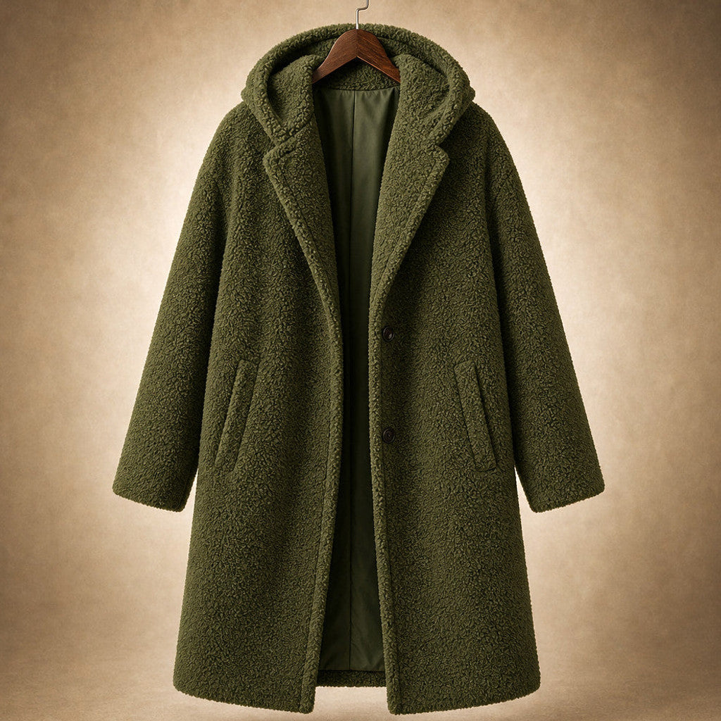 Seraphine | Long Wool Coat Teddy Texture Hooded Green – Product Photo