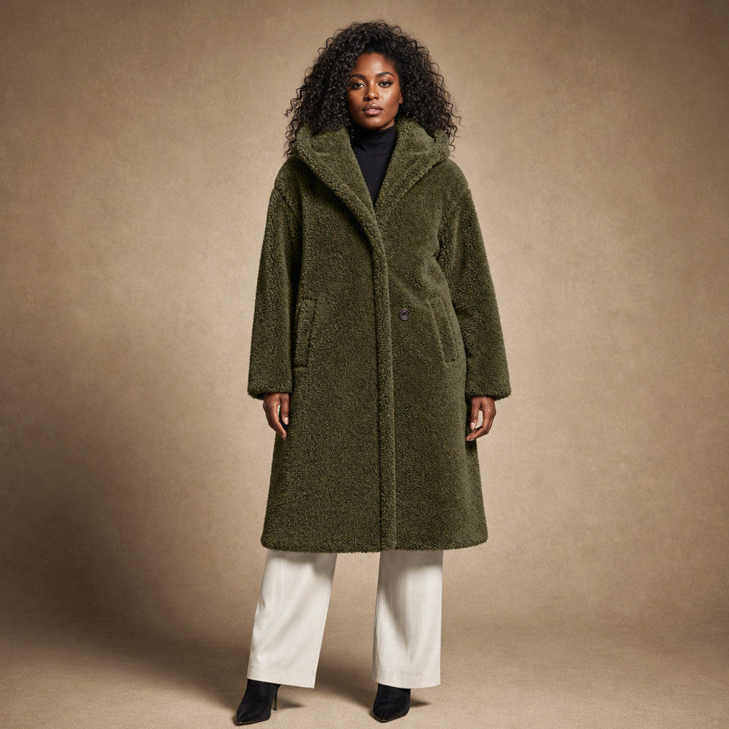 Seraphine | Long Wool Coat Teddy Texture Hooded in Green – Premium Editorial