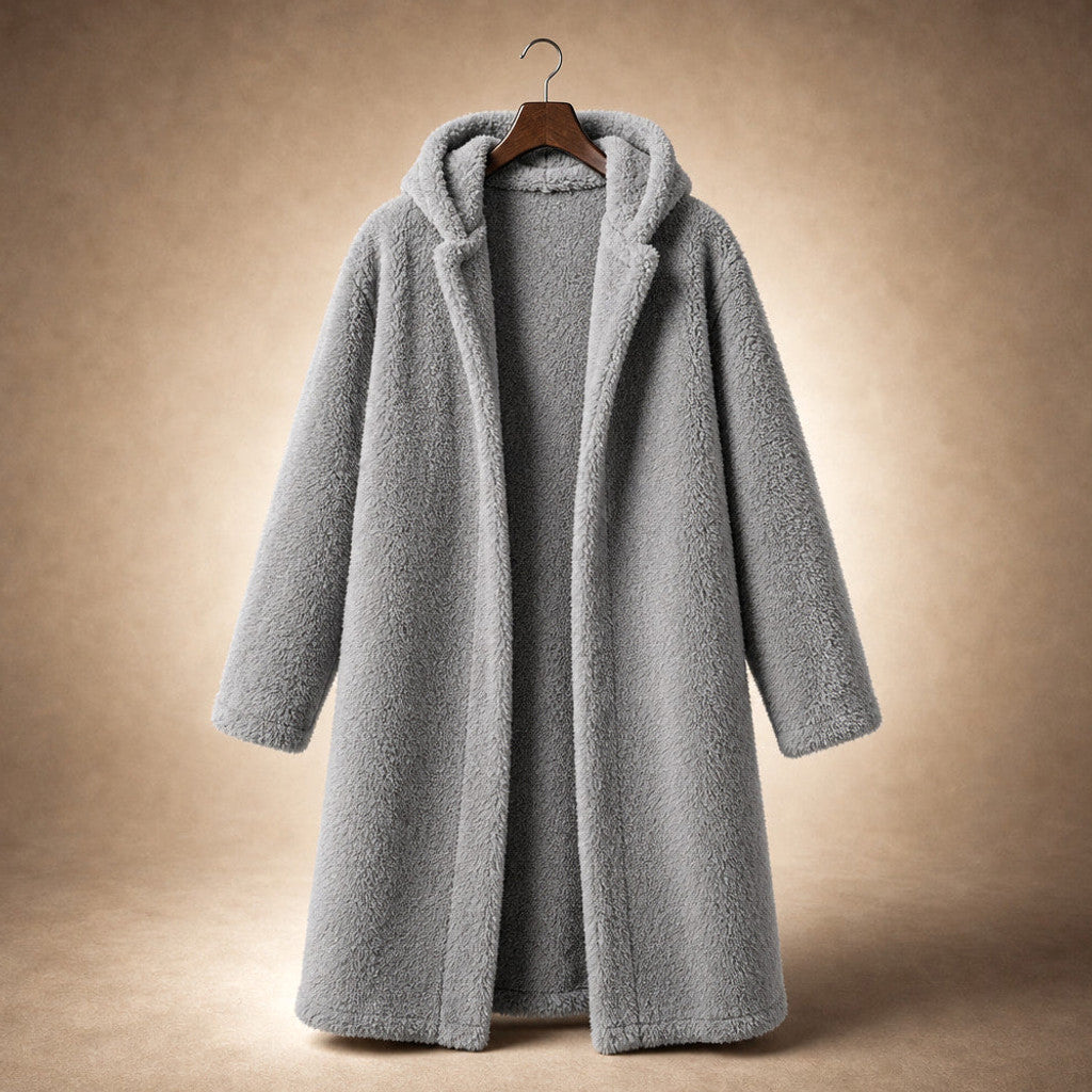 Seraphine | Long Wool Coat Teddy Texture Hooded Grey – Product Photo