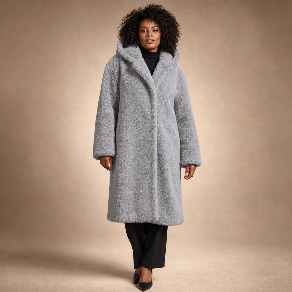 Seraphine | Long Wool Coat Teddy Texture Hooded in Grey – Premium Editorial
