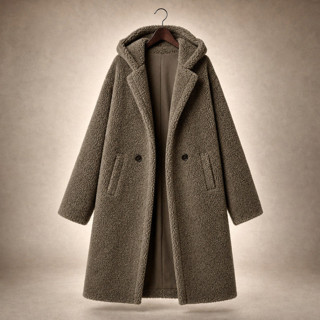 Seraphine | Long Wool Coat Teddy Texture Hooded Khaki – Product Photo