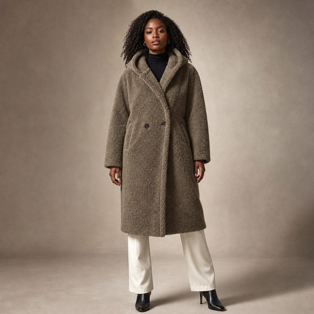 Seraphine | Long Wool Coat Teddy Texture Hooded in Khaki – Premium Editorial
