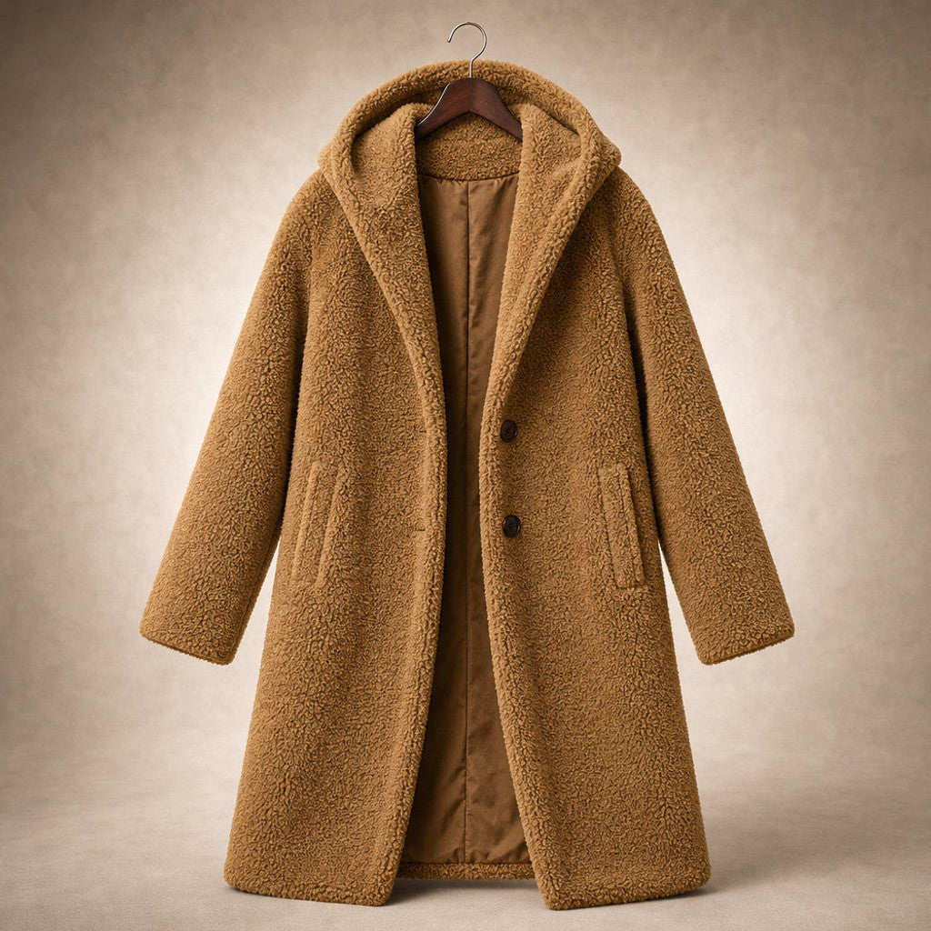 Seraphine | Long Wool Coat Teddy Texture Hooded Light Brown – Product Photo