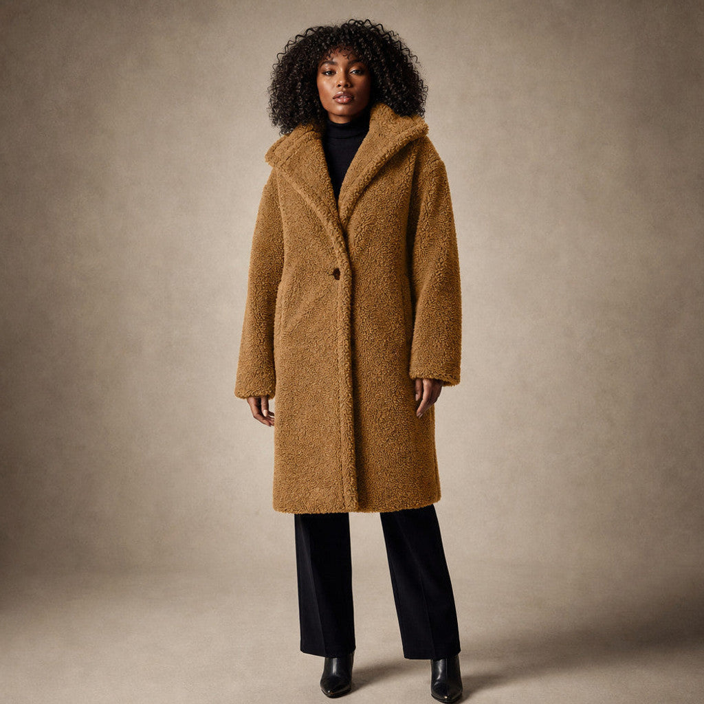 Seraphine | Long Wool Coat Teddy Texture Hooded in Light Brown – Premium Editorial