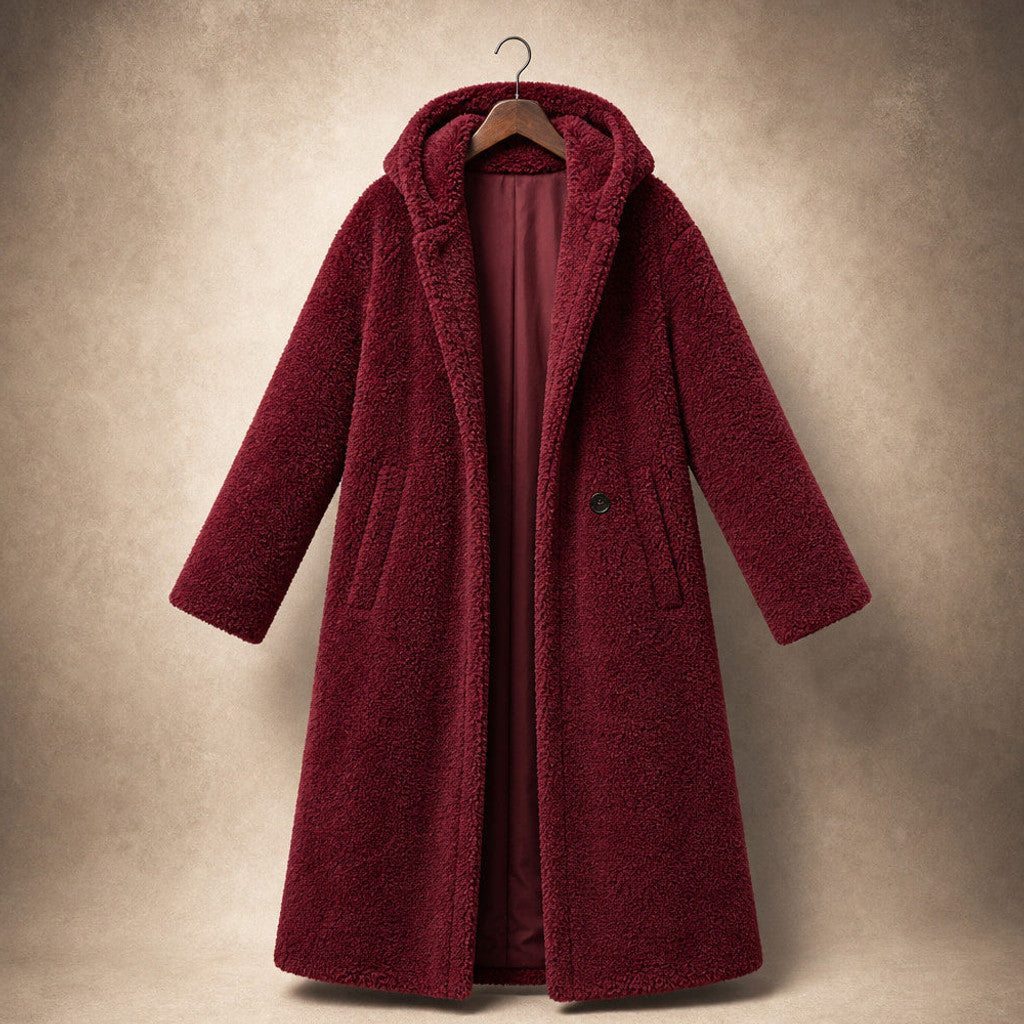 Seraphine | Long Wool Coat Teddy Texture Hooded Red – Product Photo