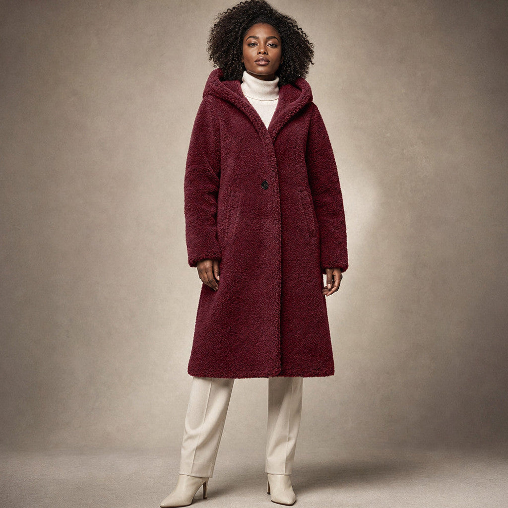 Seraphine | Long Wool Coat Teddy Texture Hooded in Red – Premium Editorial