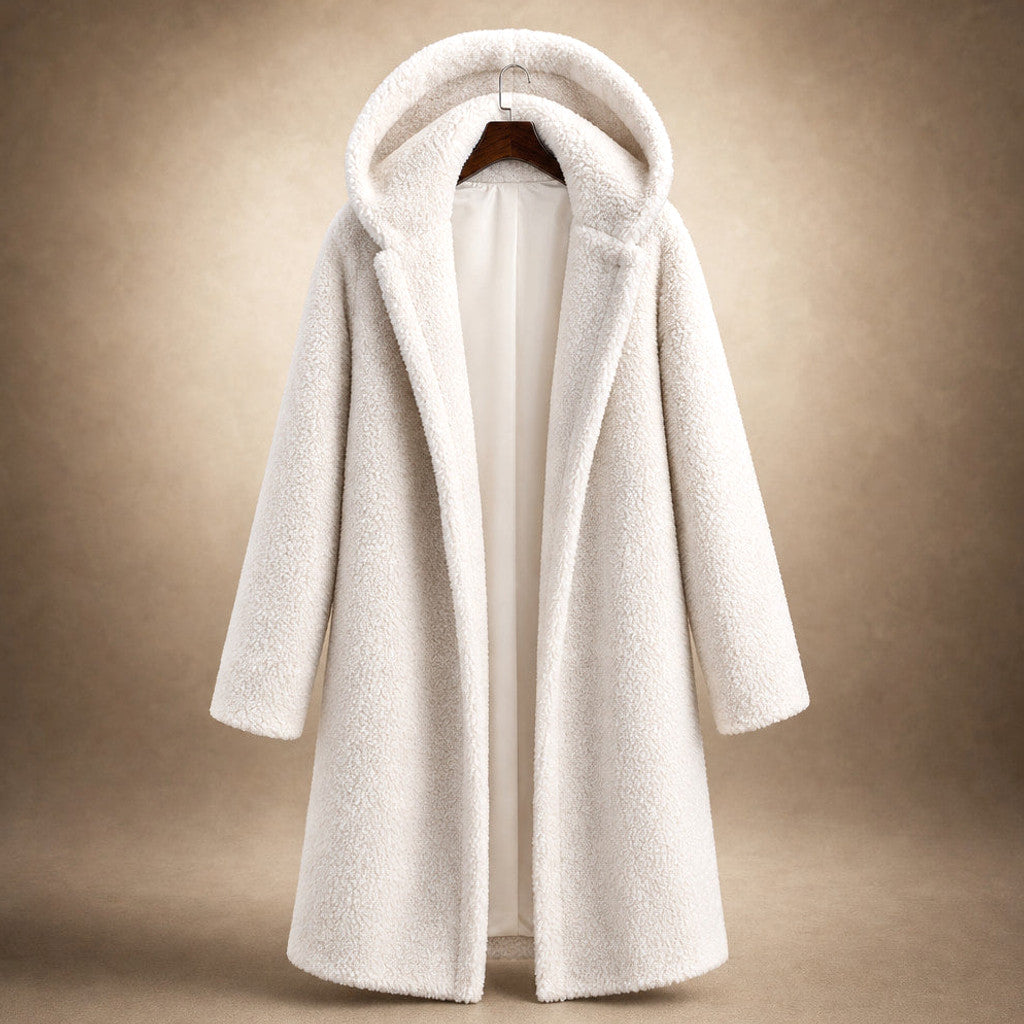 Seraphine | Long Wool Coat Teddy Texture Hooded White – Product Photo