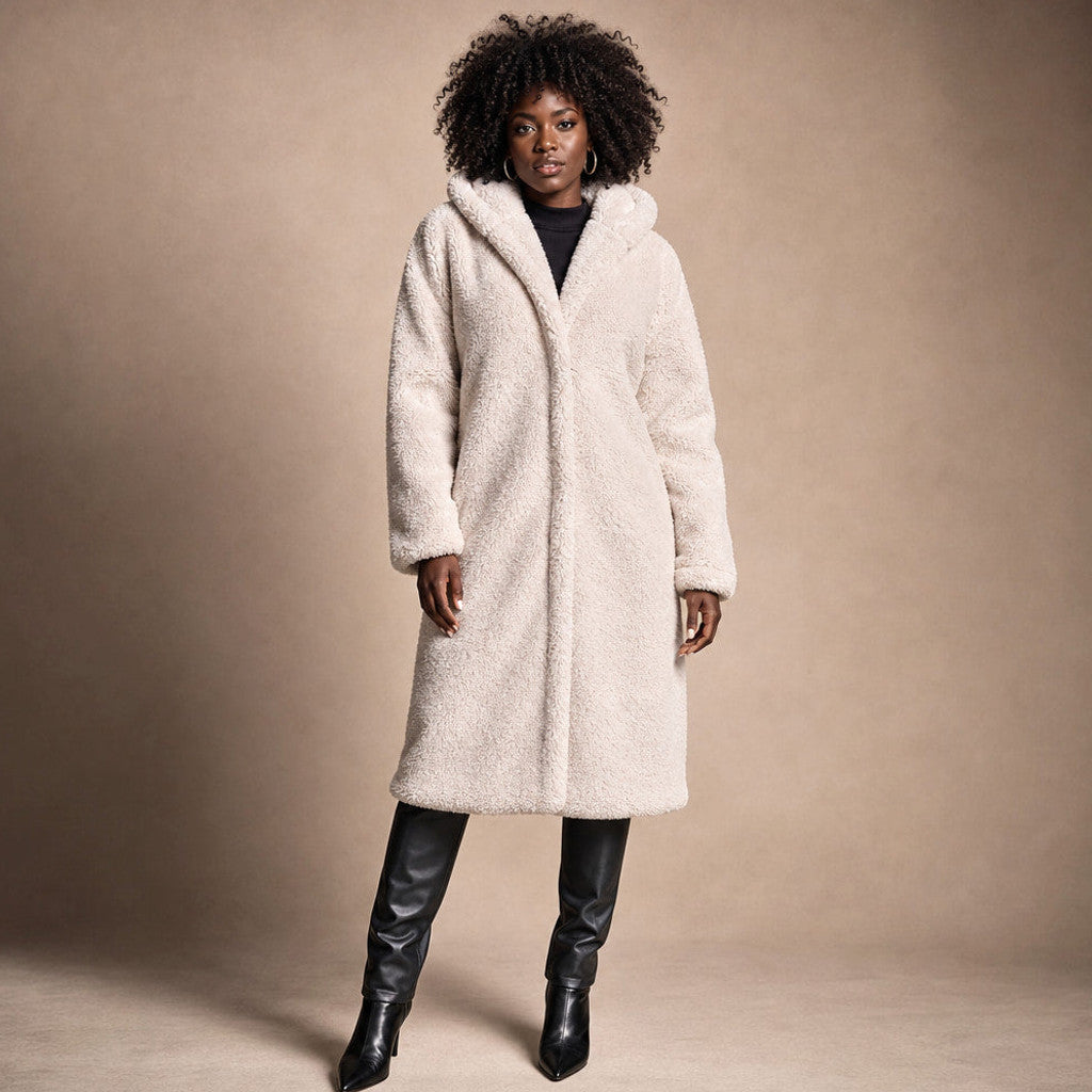 Seraphine | Long Wool Coat Teddy Texture Hooded in White – Premium Editorial