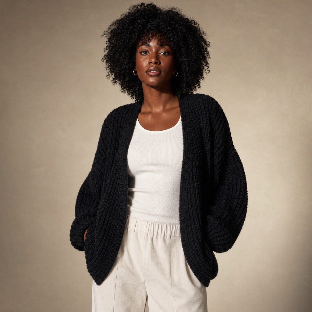 Serena | Knit Cardigan Lantern Sleeves Open Front in Black – Premium Editorial