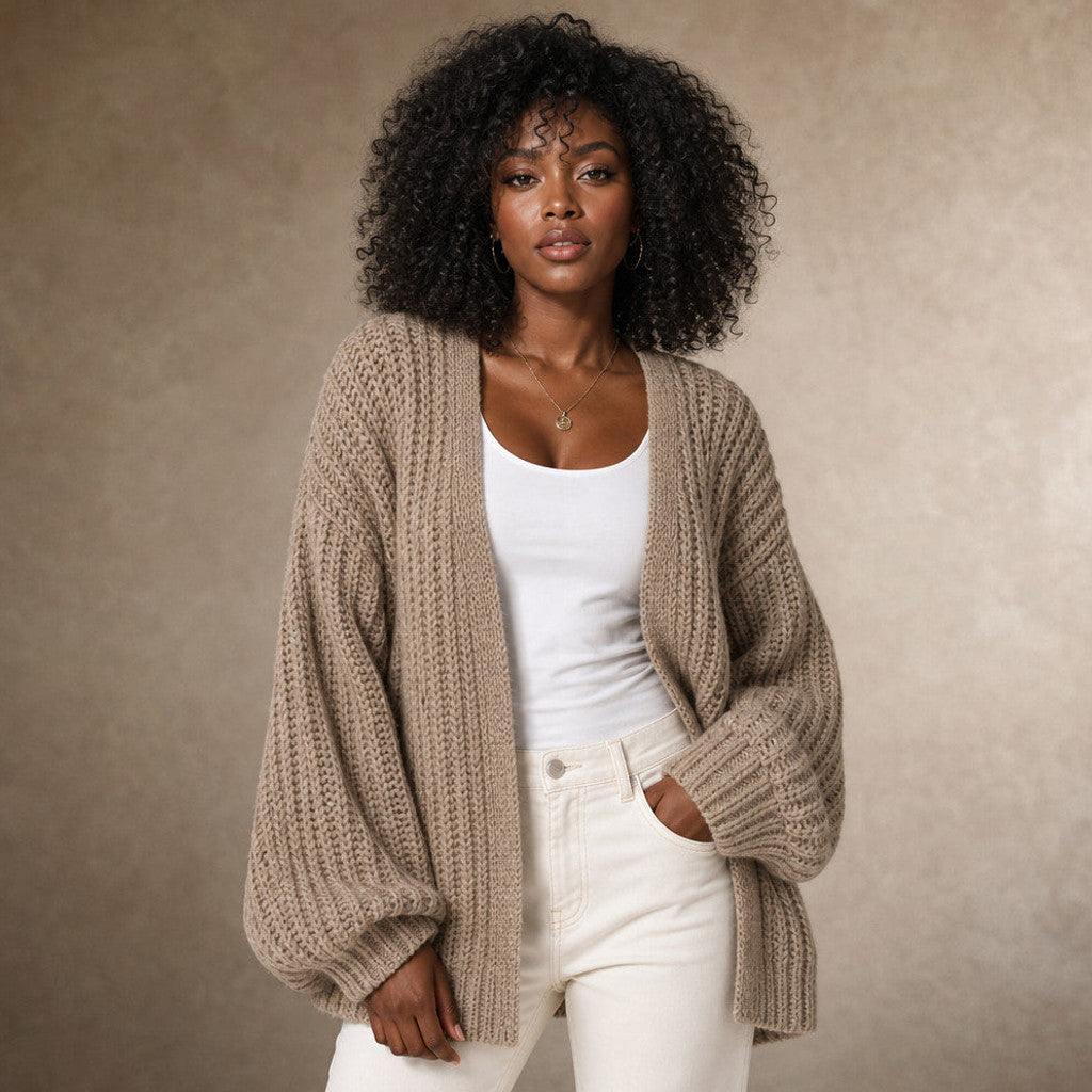 Serena | Knit Cardigan Lantern Sleeves Open Front in Khaki – Premium Editorial