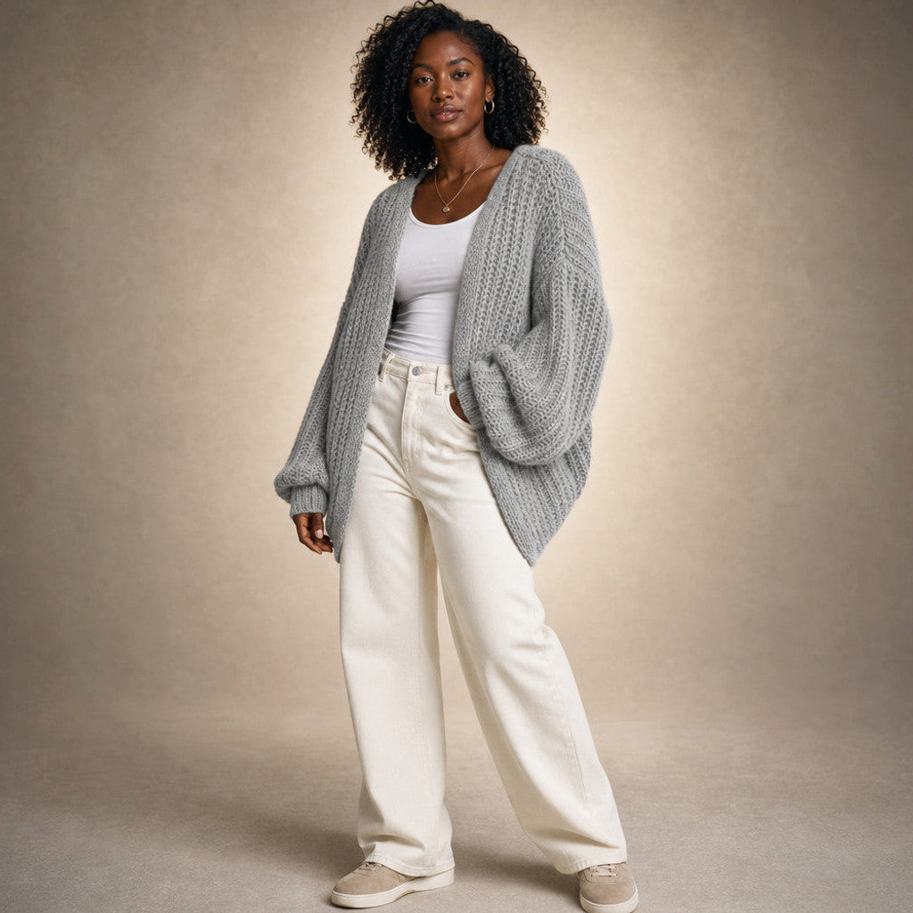 Serena | Knit Cardigan Lantern Sleeves Open Front Light Gray – Side Angle View