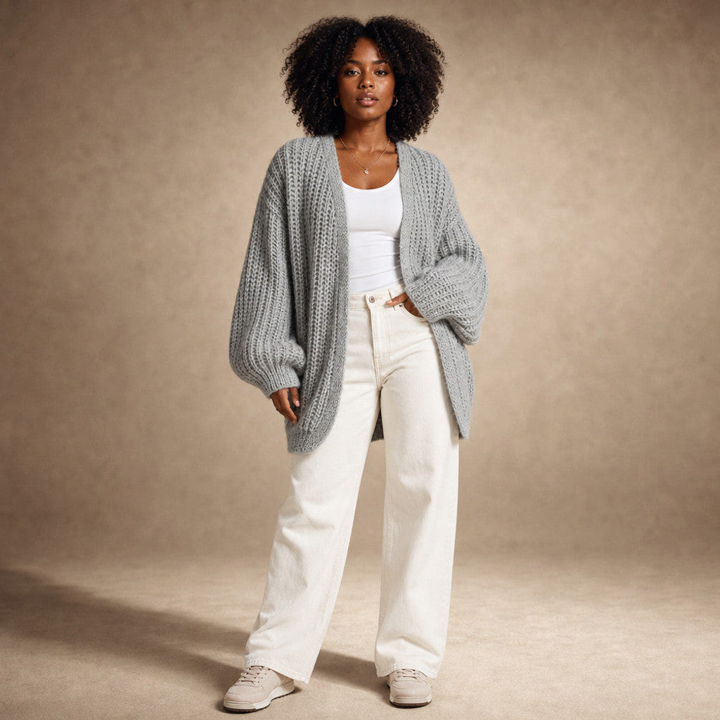 Serena | Knit Cardigan Lantern Sleeves Open Front Light Gray – Full Look
