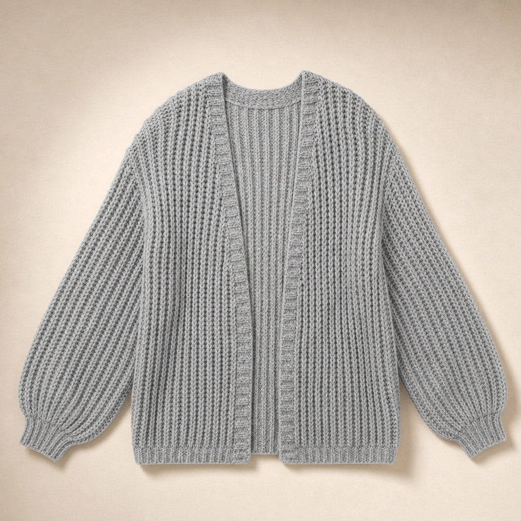 Serena | Knit Cardigan Lantern Sleeves Open Front Light Gray – Product Photo