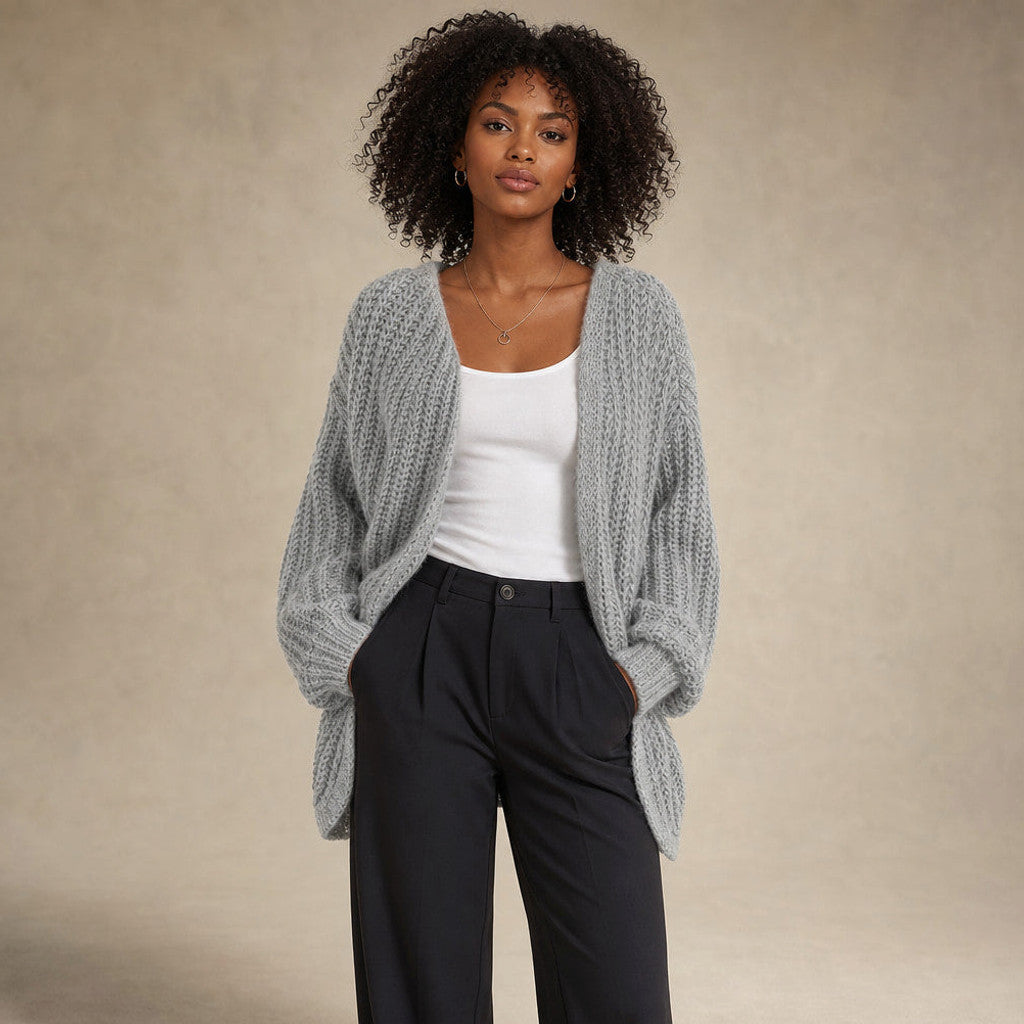 Serena | Knit Cardigan Lantern Sleeves Open Front in Light Gray – Premium Editorial