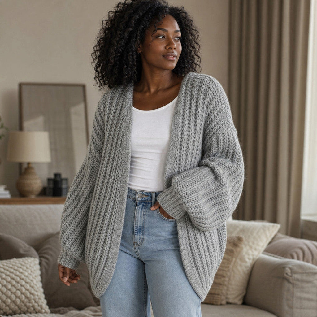 Serena | Knit Cardigan Lantern Sleeves Open Front Light Gray – Styled Editorial Shot
